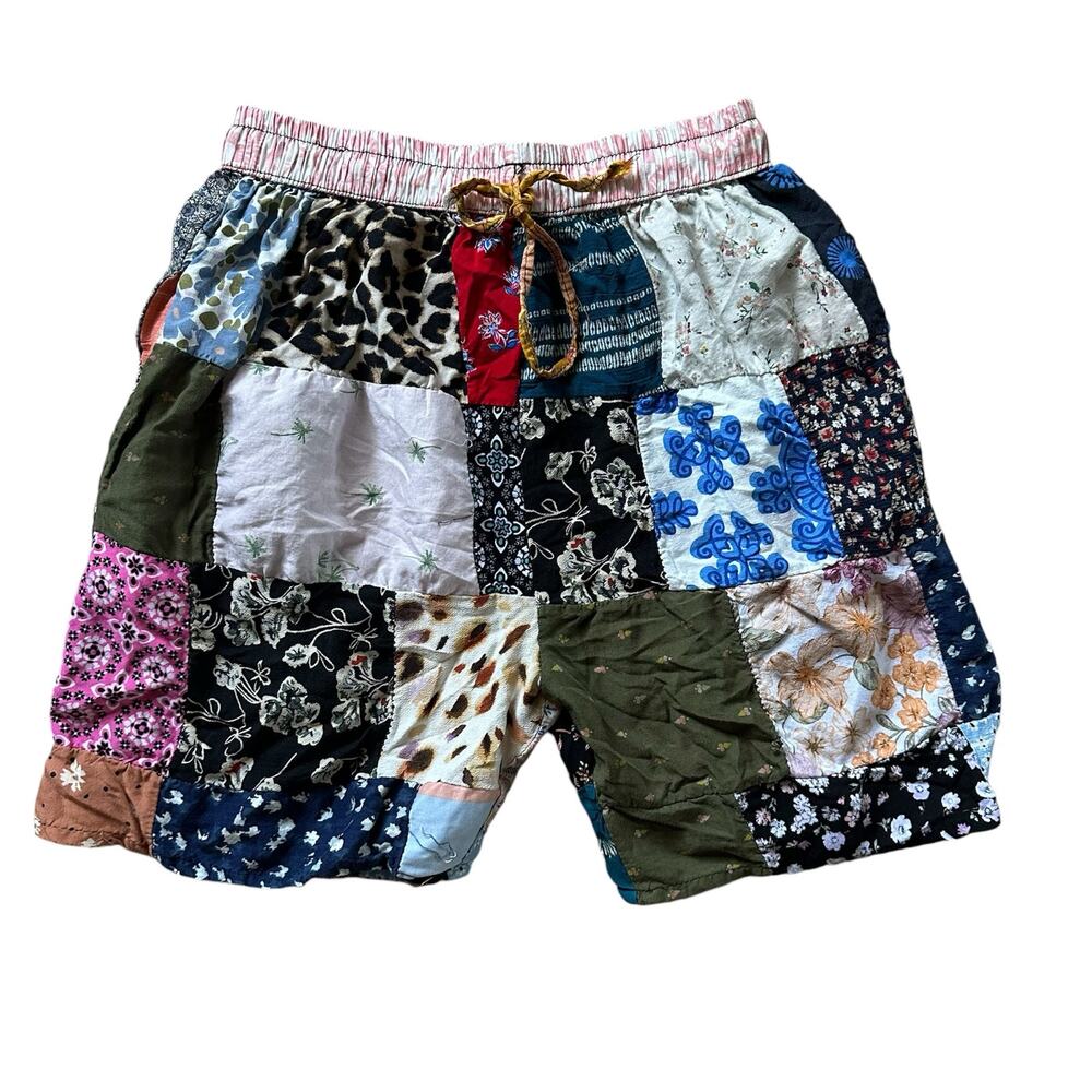 Made‎ In India Patch Work Elastic Waist Shorts Boho Artsy Colorful Pockets